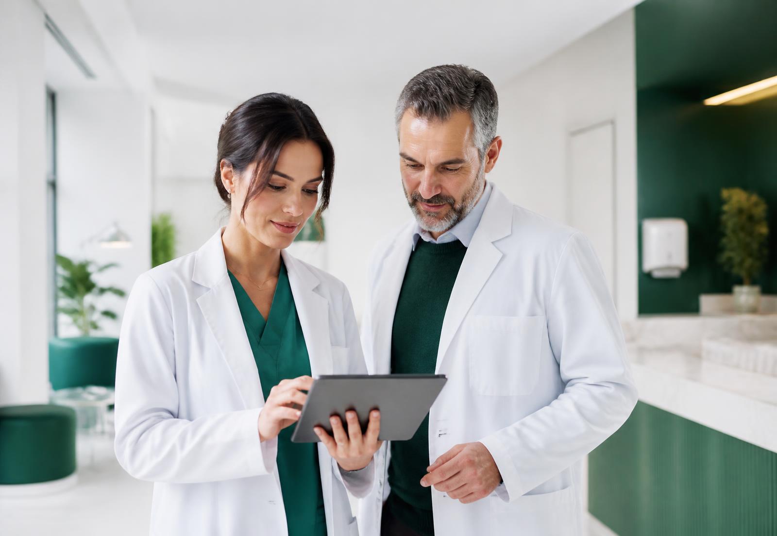 Clinicians reviewing patient outcome data together