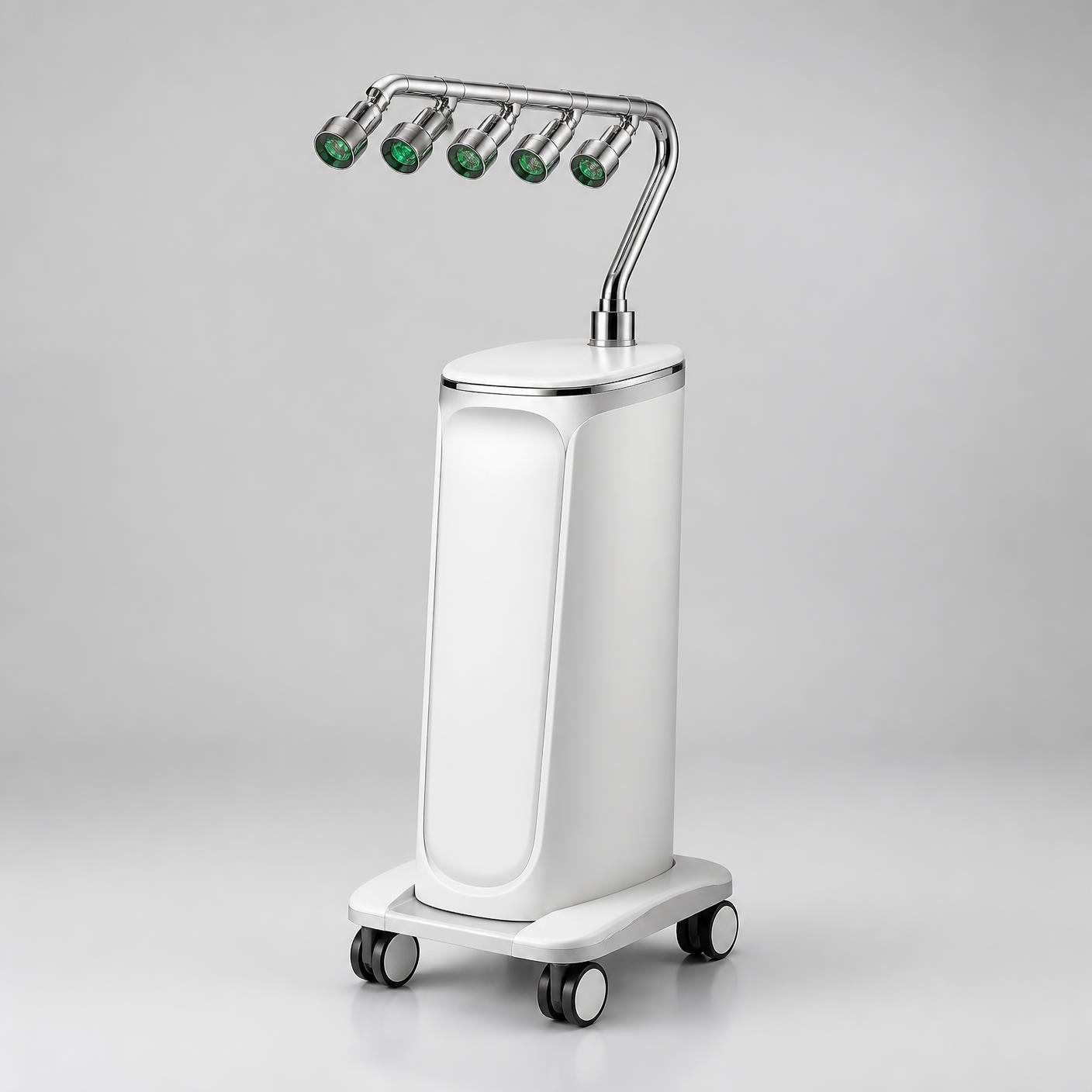 Emerald green laser device with five visible diode heads on an articulated arm