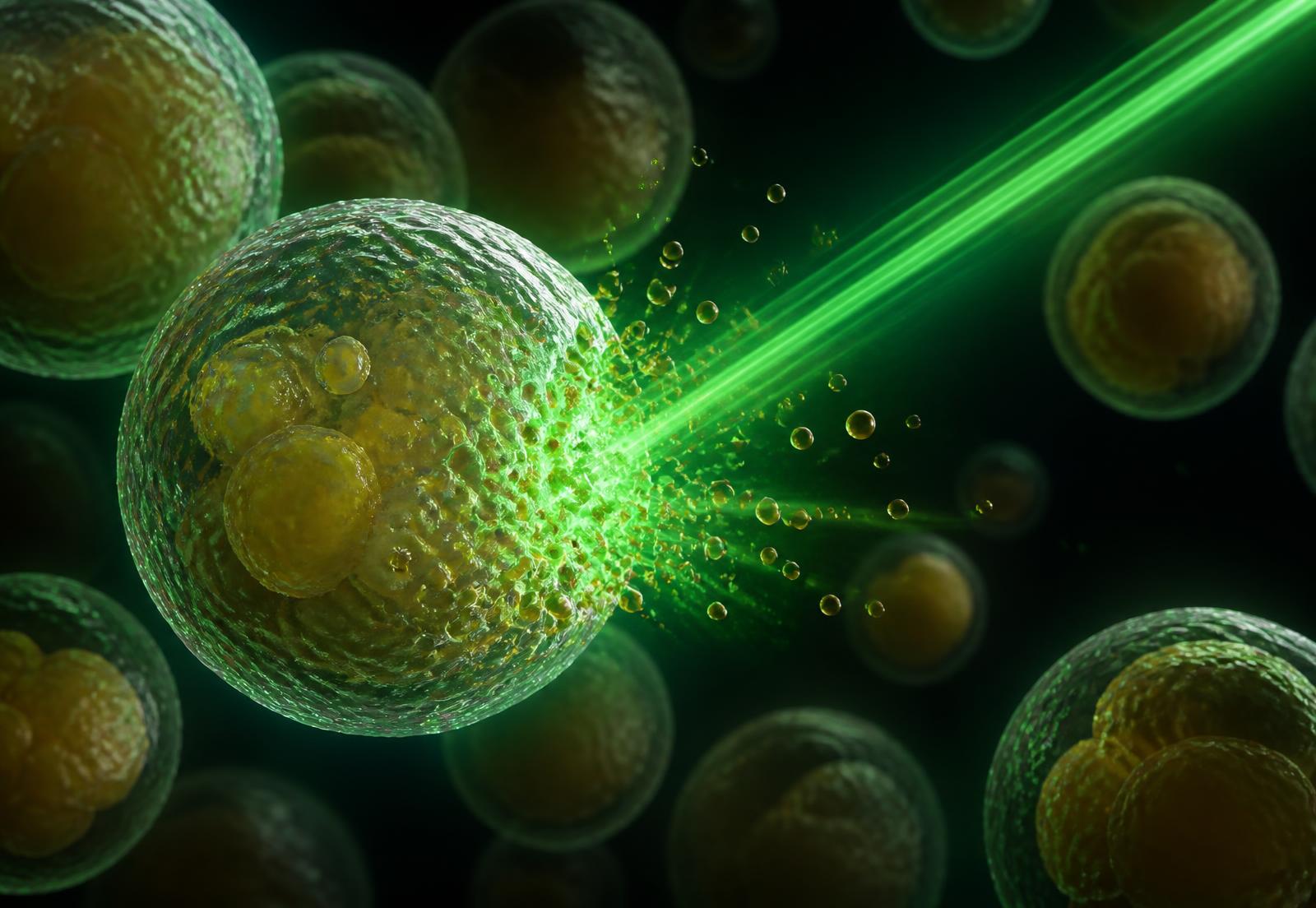 Illustration of green laser light forming a transitory pore in a fat cell, releasing lipid droplets